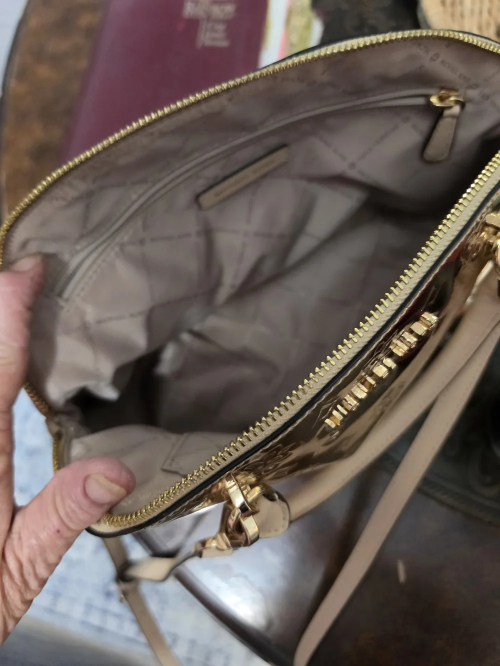 Michael Kors Rose Gold Dome Satchel with Blush Handles
